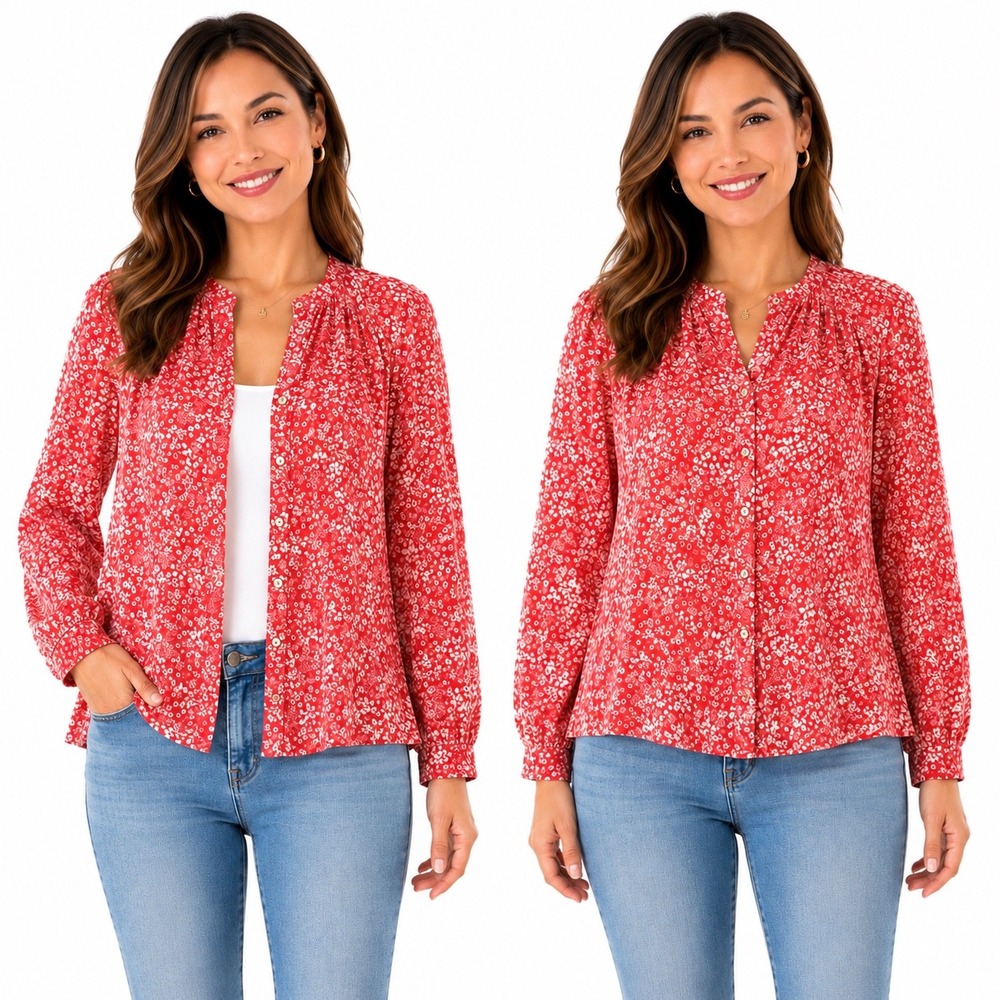 Knox Rose Oversized Small Red‎ Floral Button Front 3/4 Sleeve Boho Blouse Top